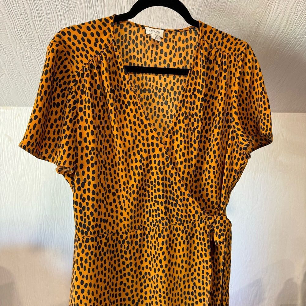 J.Crew Drapey Cheetah Print Twill Wrap Dress with Black Dot Print Mustard - Picture 8 of 9